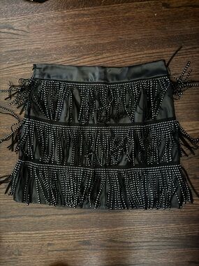 Embellished Black Fringe Mini Skirt with Rhinestone Trim